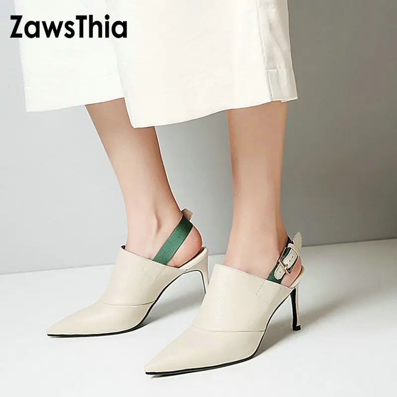 

ZawsThia 2019 spring summer genuine leather sexy slingbacks woman high heels shoes buckle strap women pumps ladies stilettos