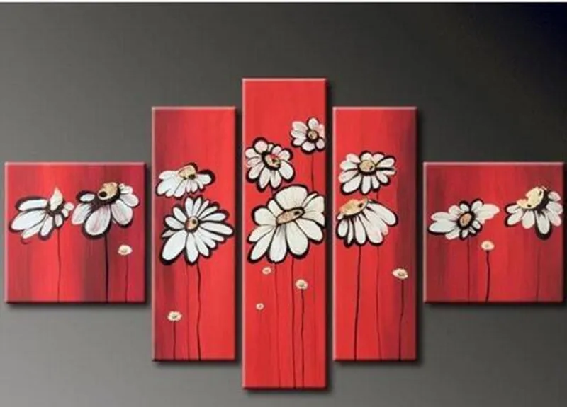 

Modern 5 Panel Wall Painting Flowers Pictures Hand-painted Abstract White Sunflower Oil Paintings on Canvas Home Decor Red Art
