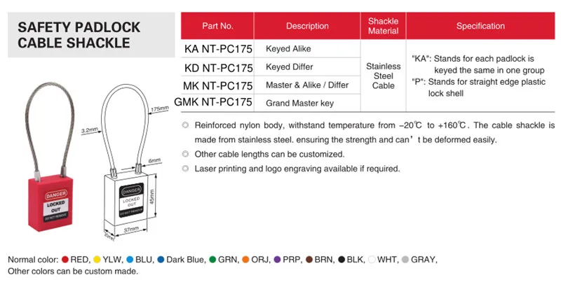NT-PC175 NT-APC175, промышленный безопасный навесной замок, отключение и обслуживание, энергетическая изоляция, кабельный замок из нержавеющей стали
