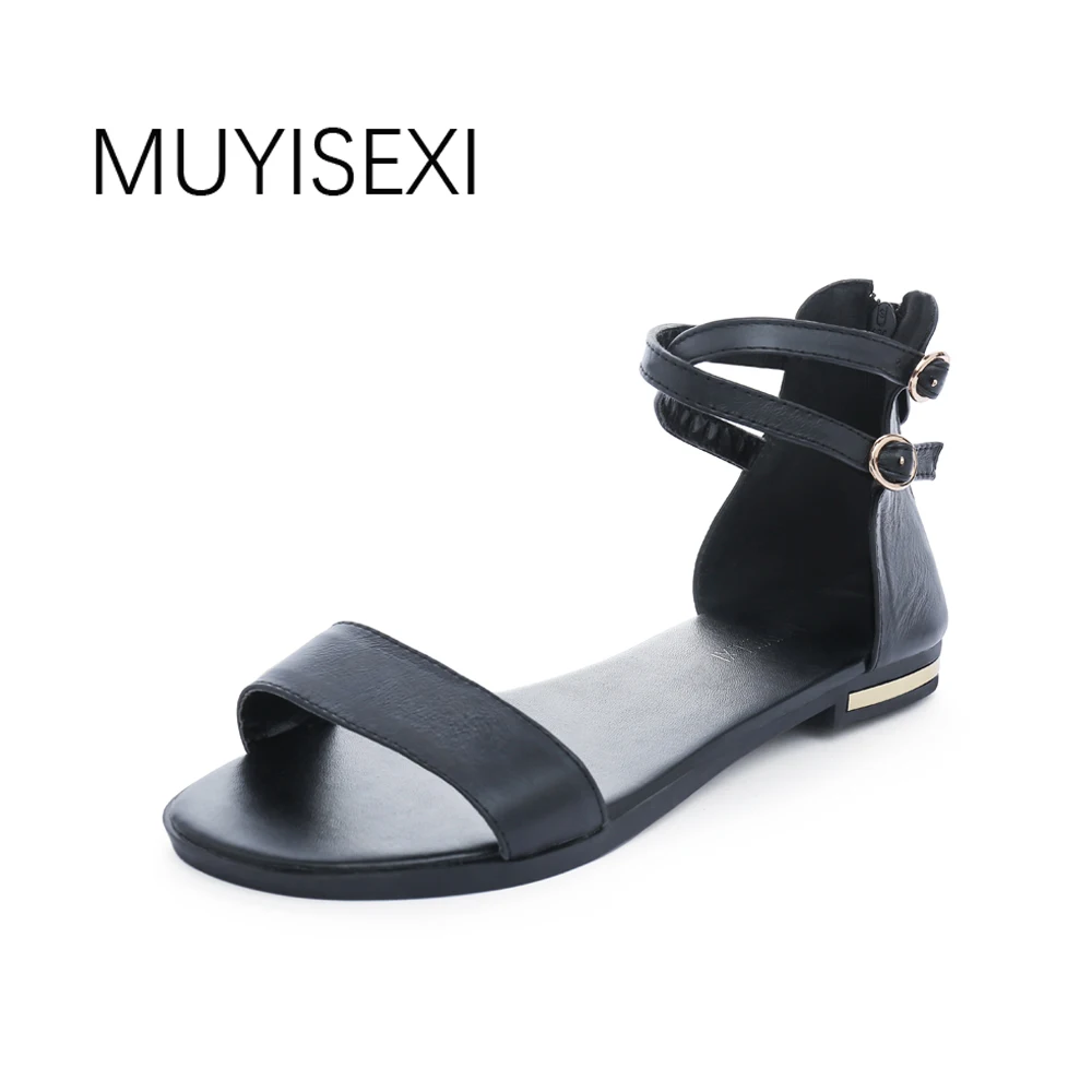 

Women Sandals Real Genuine Leather Cozy Flat Womens Sandals Summer Black Gold Brown Champagne Beige plus size YG01 MUYISEXI