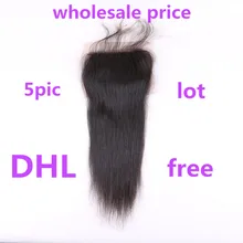 5 pieces lot Wholesale price Brazilian Silk Straight Human Hair 4*4 Silk Base Closure Bleached Knots Baby Hair Can Be Dyed