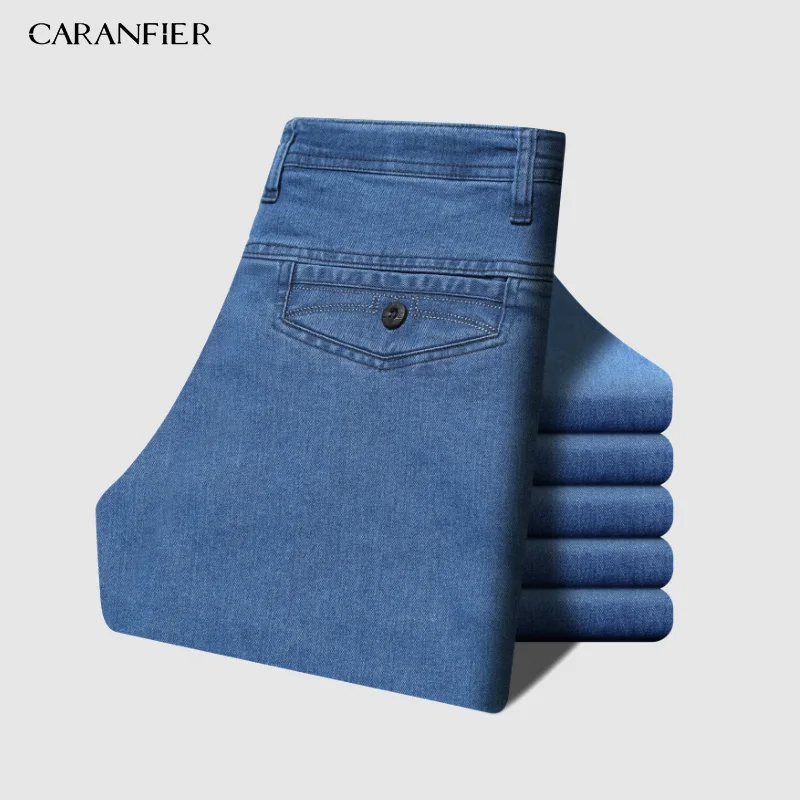 Новинка 2019 мужские классические джинсы CARANFIER Эластичные Обтягивающие однотонные