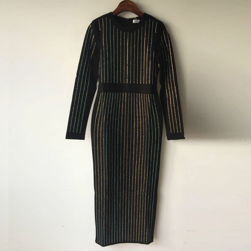 Women Party Hot Drilling Bling Long Sleeve Dress Work Office Evening Party Mid Calf Dress Black Vent Vestidos Casual Dress