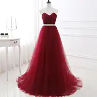 In Stock Wine Red Prom Dresses A-line Pleated Tulle Party Gowns Crystal Beading Sash Woman Formal Occasion Dress Evening Gown