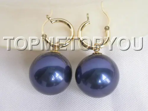 

Free Shipping >>>> RARE 20mm round navy blue shell pearls dangle earrings E673