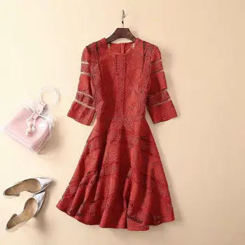 

European and American women's clothing 2019 summer new style 5 minutes of sleeve Hollow out fashionable round-neck dress