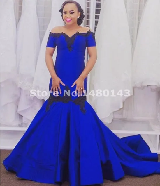 Royal Blue Mermaid Evening Dresses With Short Sleeves Off Shoulder