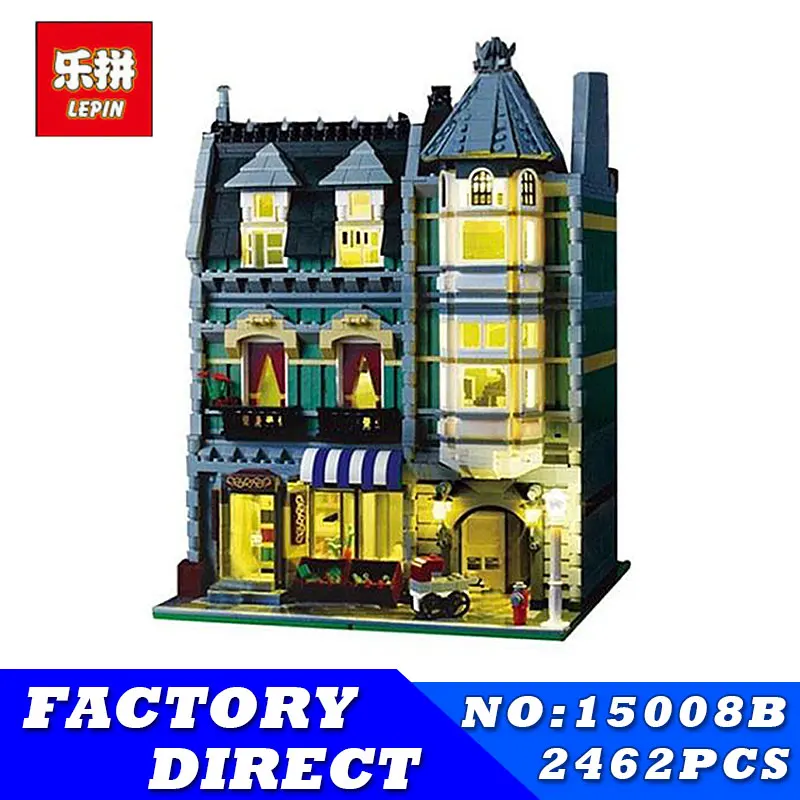 

LEPIN 15008B Genuine Streetview City Series 10th Anniversary Light Version Green Grocer Set Building Blocks Bricks Toys 10185