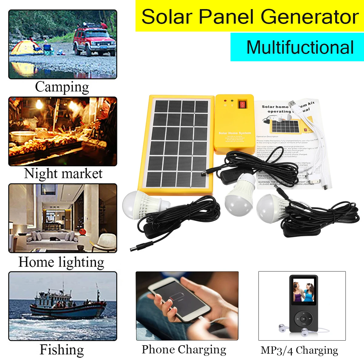 Online Cargador USB de 5 V, sistema de generador de Panel de energía Solar con 3 bombillas LED, iluminación interior exterior, protección contra descarga
