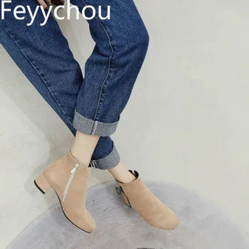

Women Boots Autumn Winter Med Heel Warm Flock Zip Square Toe Ankle Basic Chelsea Shoes 2018 New Sexy Fashion Black Beige Pink