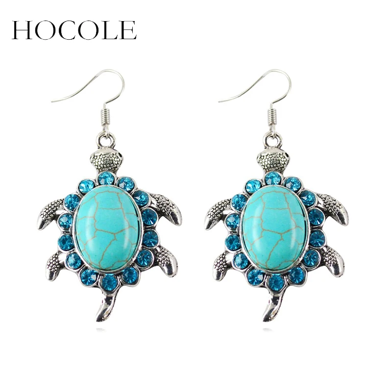 

Fashion Brand Design Turtle Turquoise Earrings Luxury Vintage Silver Plated Animals Crystal Drop Earrings Jewelry For Women Gift
