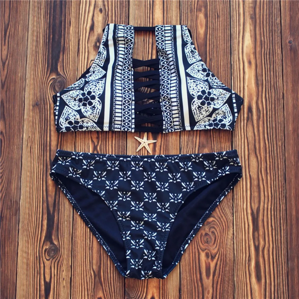 

2019 New Women Bikinis High Neck Push up Bikini Set Geometry Black Swimwear Female Slim Print Swimsuit Biquini brazilian Beach