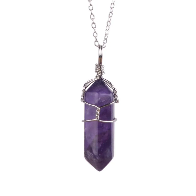 7 options! Natural Quartz Pendant Necklaces Copper Wired Silver Chain Necklace Crrystal Stone Women Jewelry QM