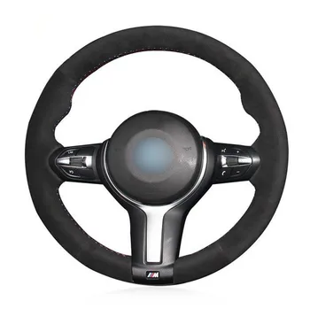 

Puou Tommia Black Suede Blue Marker Steering Wheel Cover for BMW F20 2012-2018 F45 2014-2018 F30 F31 F34 2013-2017 F32 F33 F36 F