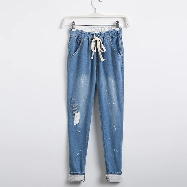 

Summer Korean fan casual relaxed girl Haren jeans female show thin elastic waist personality with cloth trousers female
