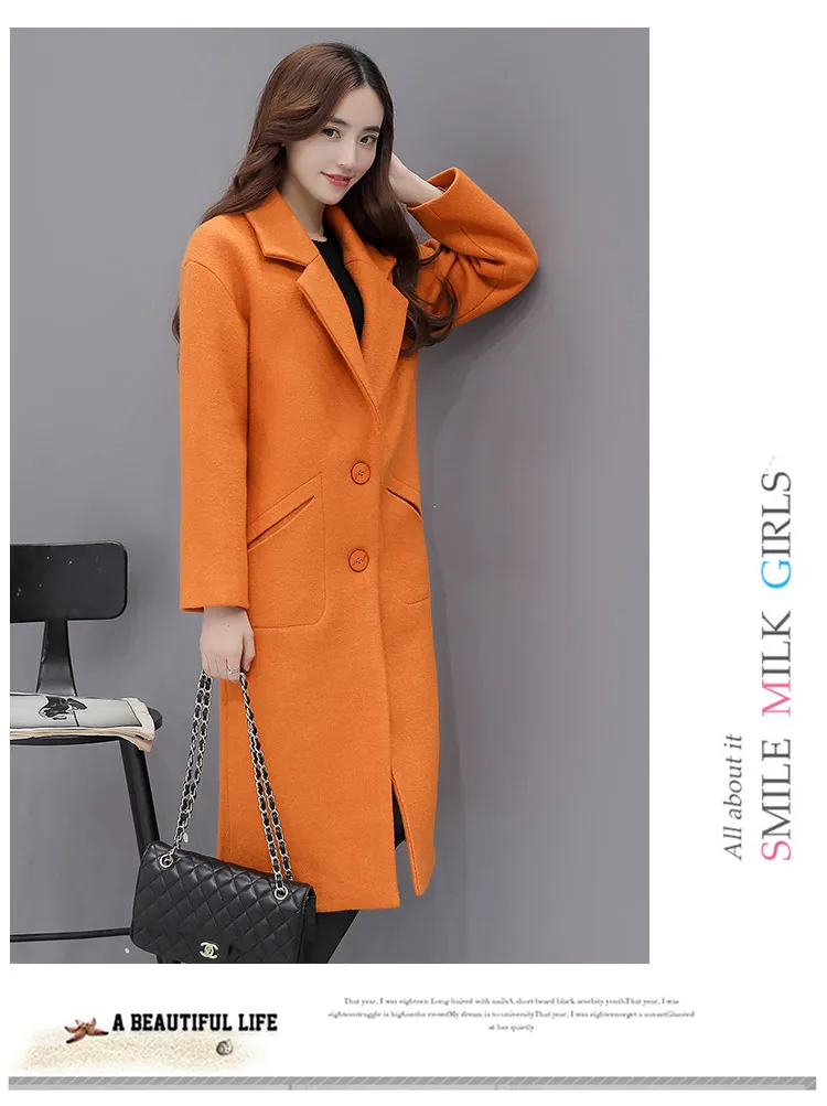 Зимнее женское новое шерстяное пальто XL модное прямое однобортное приталенное шерстяное пальто с отворотом длинное женское пальто w97