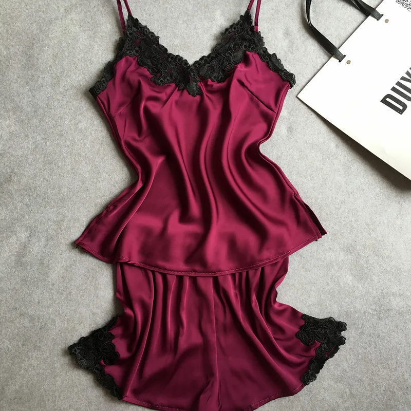 

Ladies Sexy Silk Satin Pajama Set Lace Pyjama Set Sleeveless Pijama Set V-neck Sleepwear Summer Home Wear Sleep Wear For Women