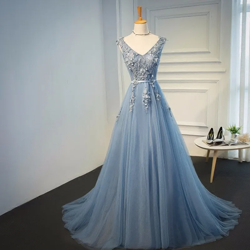 Elie Saab Синий Вечерние платья 2019 плюс размеры Тюль длинное кружевное платье V образным вырезом кружево до рукавов robe De Soiree