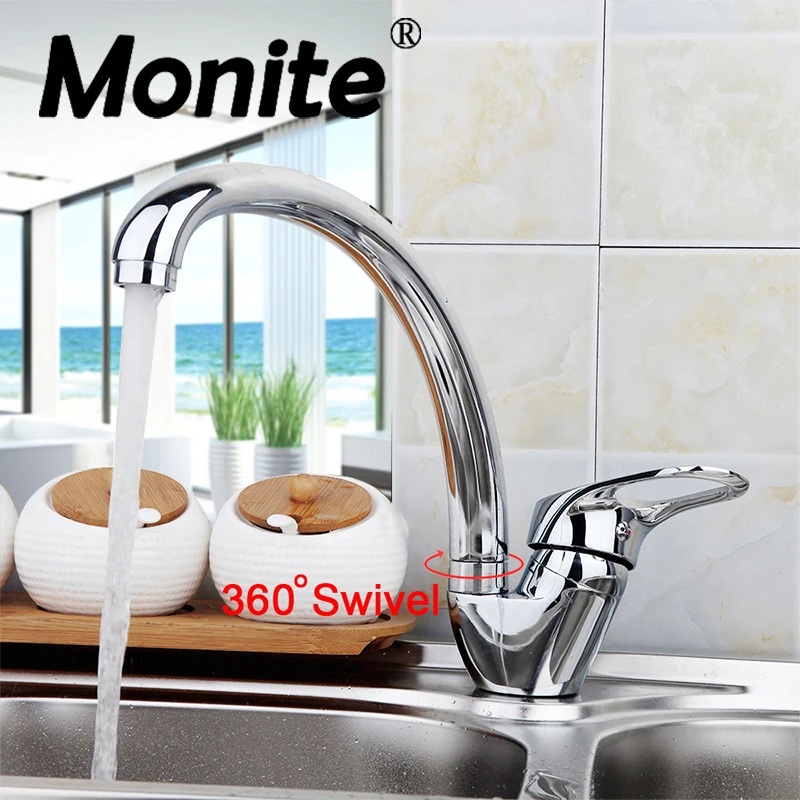 

MONITE RU 360 Degree Rotation Chrome Brass Swivel Kitchen Faucet Single Handle Deck Mounted Polished MixerBasin Sink Mixer Tap