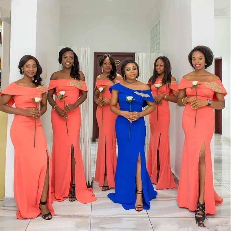 

African Off The Shoulder Sexy Slit Bridesmaid Dresses Long 2019 Gold Appliques Prom Dresses Maid of Honor Party Guest Dresses