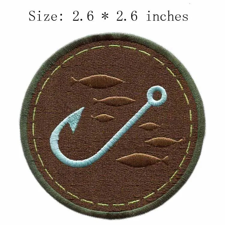 

Fishhook embroidery patch 2.6"wide/ /go fishing/brown/outside