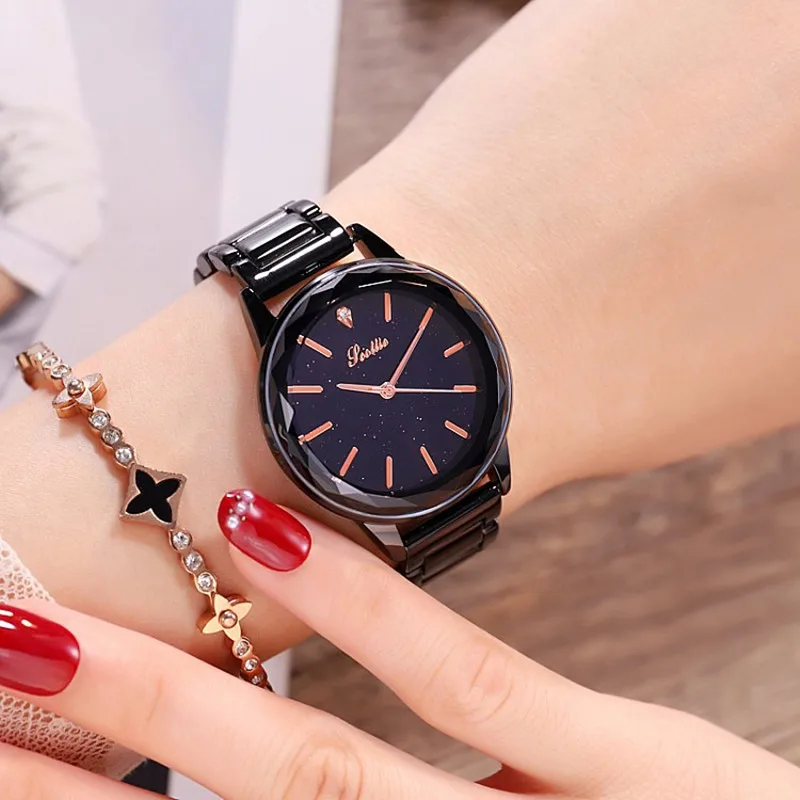 Kopen 2018 New Cool Black Dial Diamond Vrouwen Horloges Mode Dame Casual Quartz Horloge Vrouwen Roestvrij Staal Jurk Horloge reloj mujer