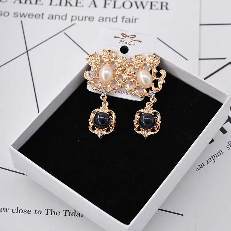 Classic Pearl Lion Head Long Earrings for women