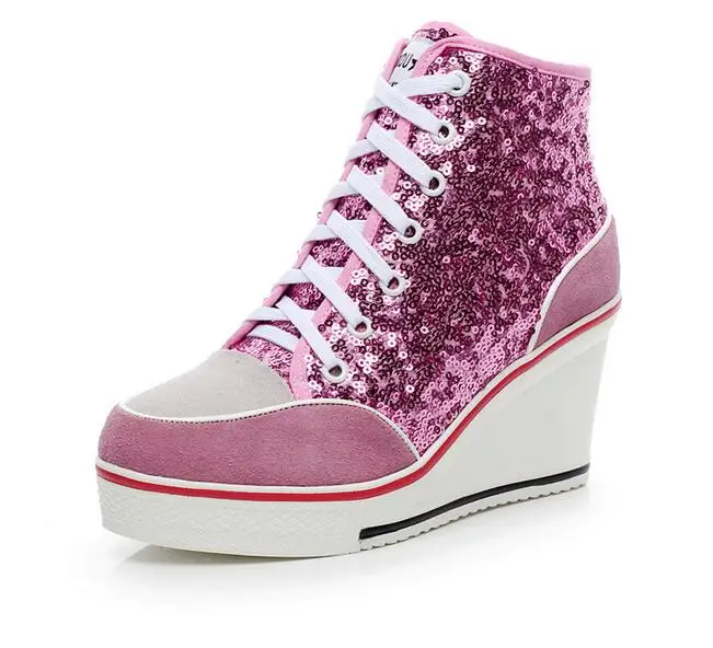 

HOt Women Sneaker Sequins Wedge Heel Lace Up Ankle High Top Casual Shoes E70
