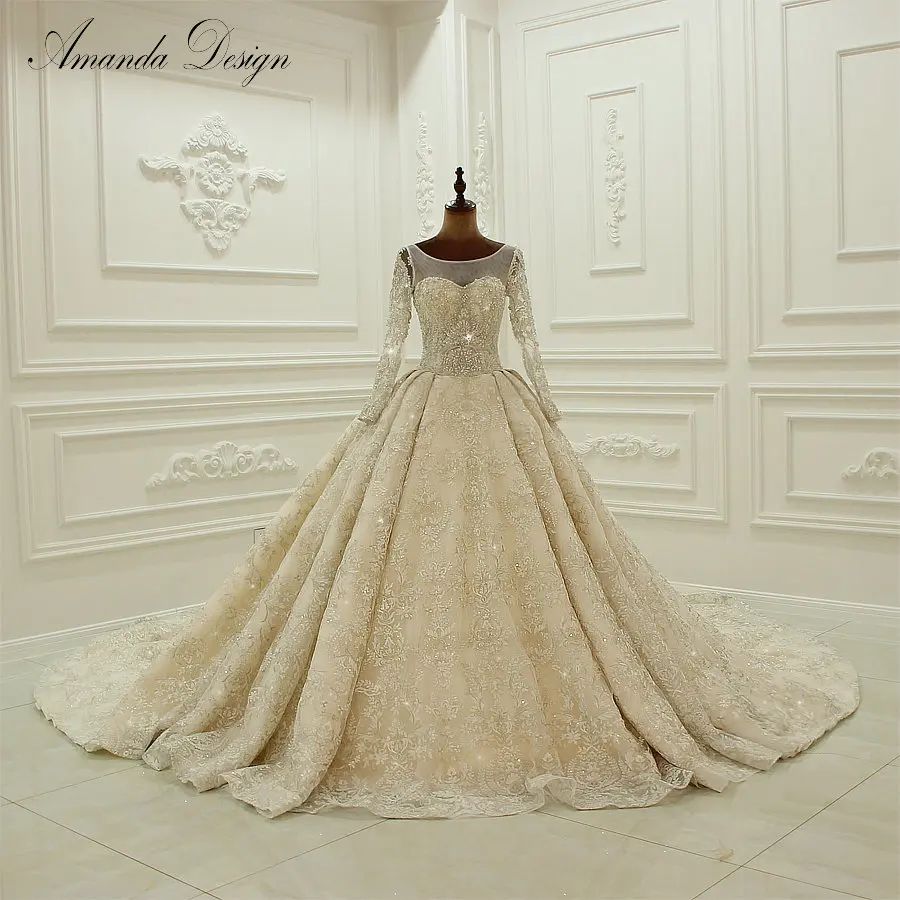 

2019 New Arrival Luxury Long Sleeve Ball Gown Real Wedding Dress Amanda Novias With Long Train