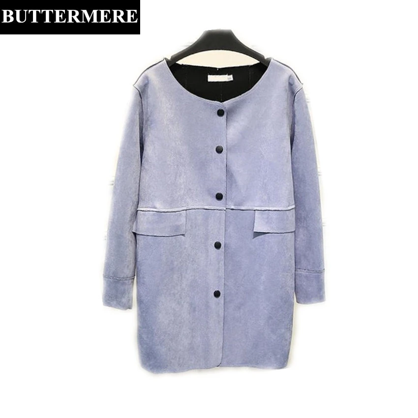 BUTTERMERE Brand Long Leather Jacket Women Pink Suede Jacket Solid Autumn Long Sleeve Plus Size Loose Casual Ladies Coat