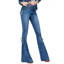 Брюки женские джинсы летние эластичные плюс свободные джинсовые повседневные ботинки с бантом джинсы с высокой талией женские эластичные