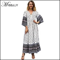 MISSJOY-Women-autumn-2018-Fashion-Boho-Clothing-Flare-Sleeve-V-Neck-Geometric-Contrast-Color-Tea-Party