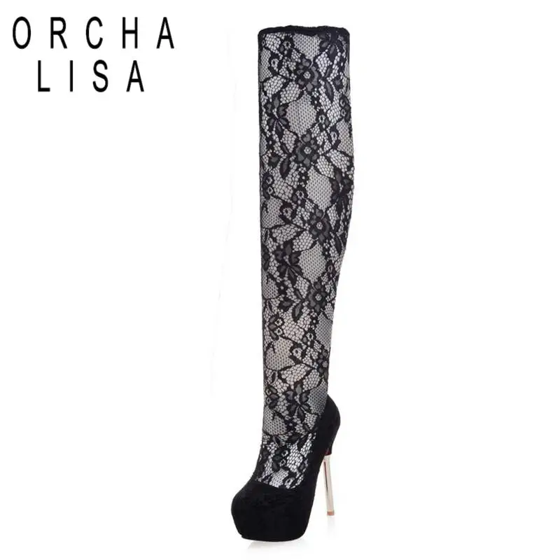 

ORCHA LISA Women Boots Sexy Summer Boots Lace Over-Knee Boot Platform High Heels Shoes Women Party Nightclub Botas Femnino A270c