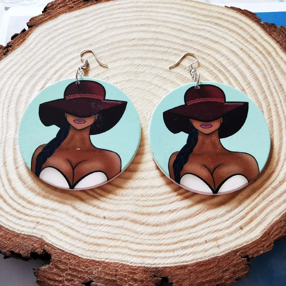 

2019 African Wholesale 5pairs/lot Big Hat Sexy Women Wood Earrings Indian Wooden Party Club Ear Jewelry 6CM Drop Shipping