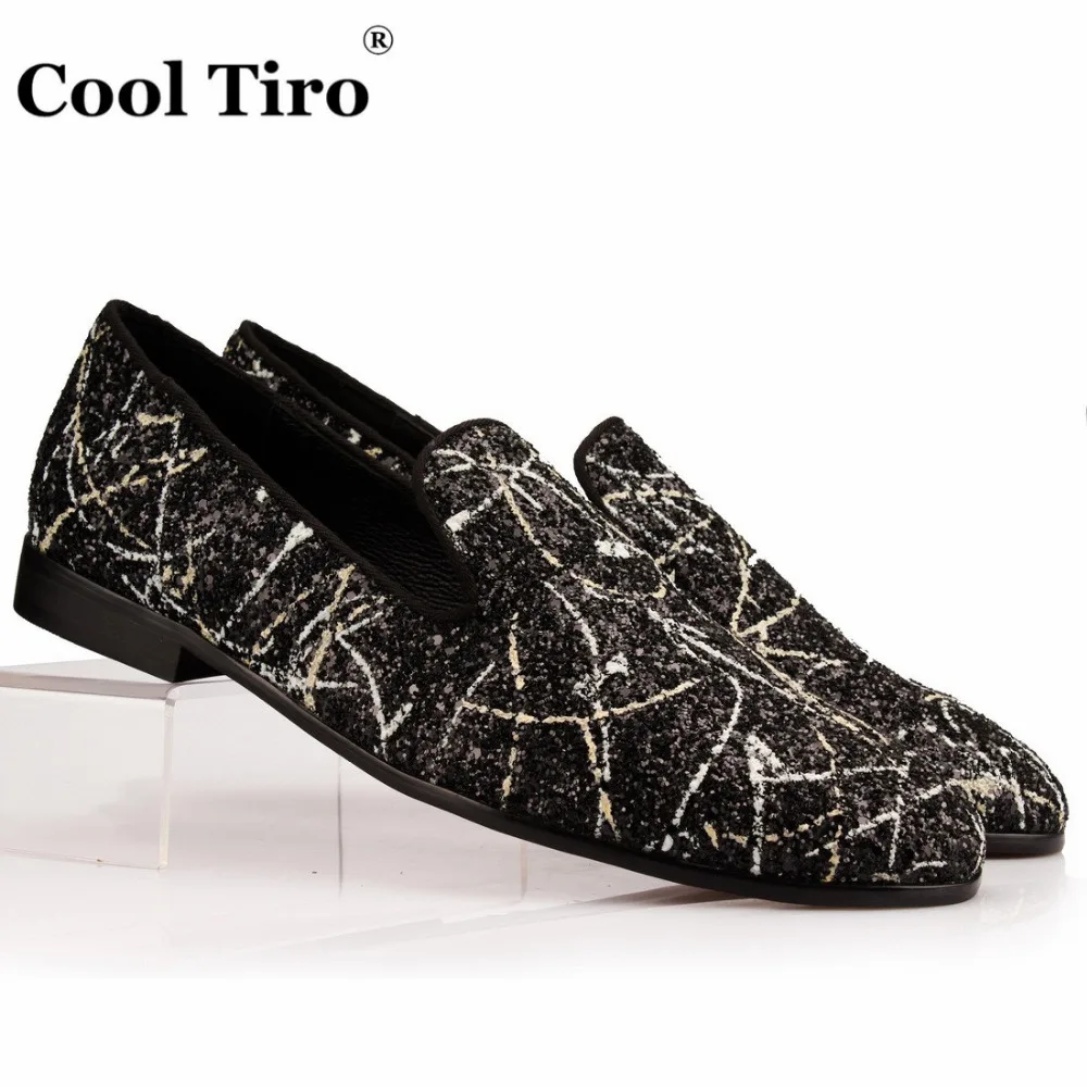 

COOL TIRO Casual High Quality Black sequins low Top Shoes Graffiti Slip-On Dress Smoking Slippers men Handmade Party Flats