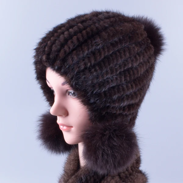 Русские шапки из натурального меха норки для женщин, зимние вязаные подлинный натуральных мех, шапка с помпонами, роскошные шапки LQ11255 - Цвет: Brown