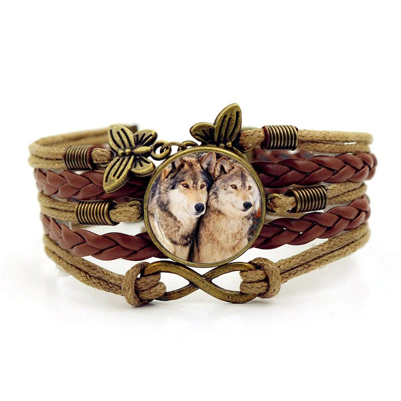 Ручной вязки кожаный браслет со стеклянным кабошоном браслет волк девушки Плетеный браслет модные аксессуары подарок