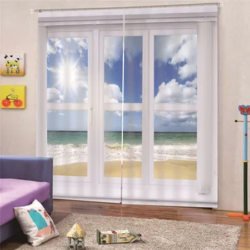 

3D Digital Print Window Ocean Curtain Faux linne Plain For Bedroom Livingroom Rideaux Window Customized Home Decor Draps AP24