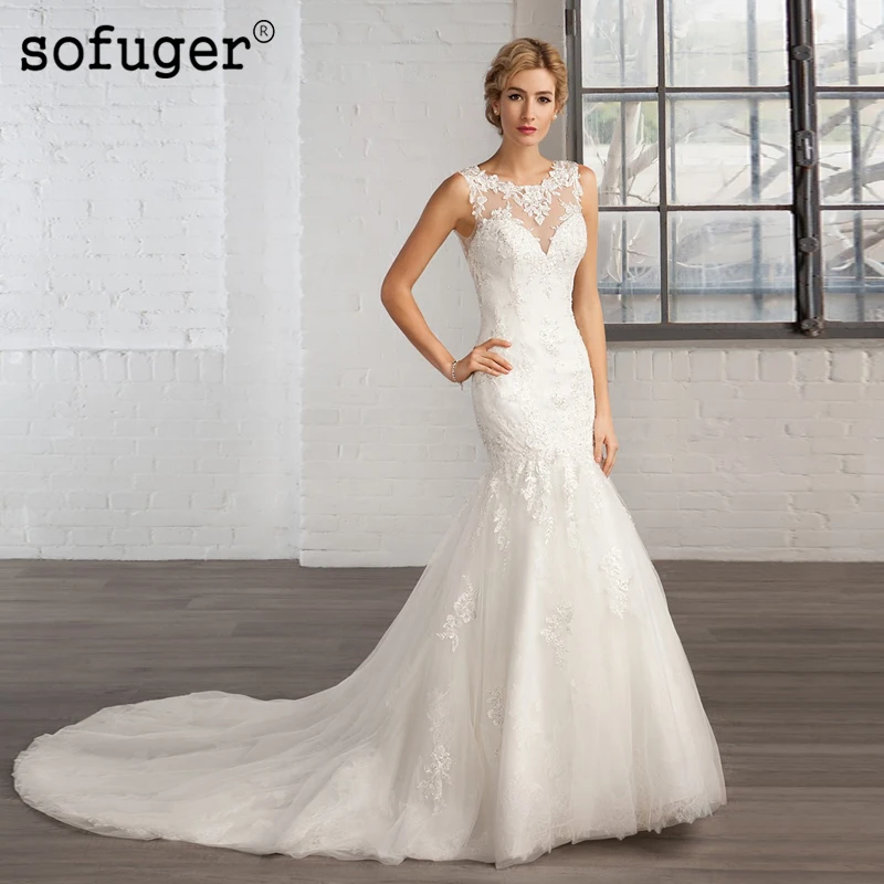 

White Ivory Tank Scoop Floor-Length Trumpet/Mermaid Appliques Illusion Wedding Dresses Robe De Mariage 2019 Custom Made