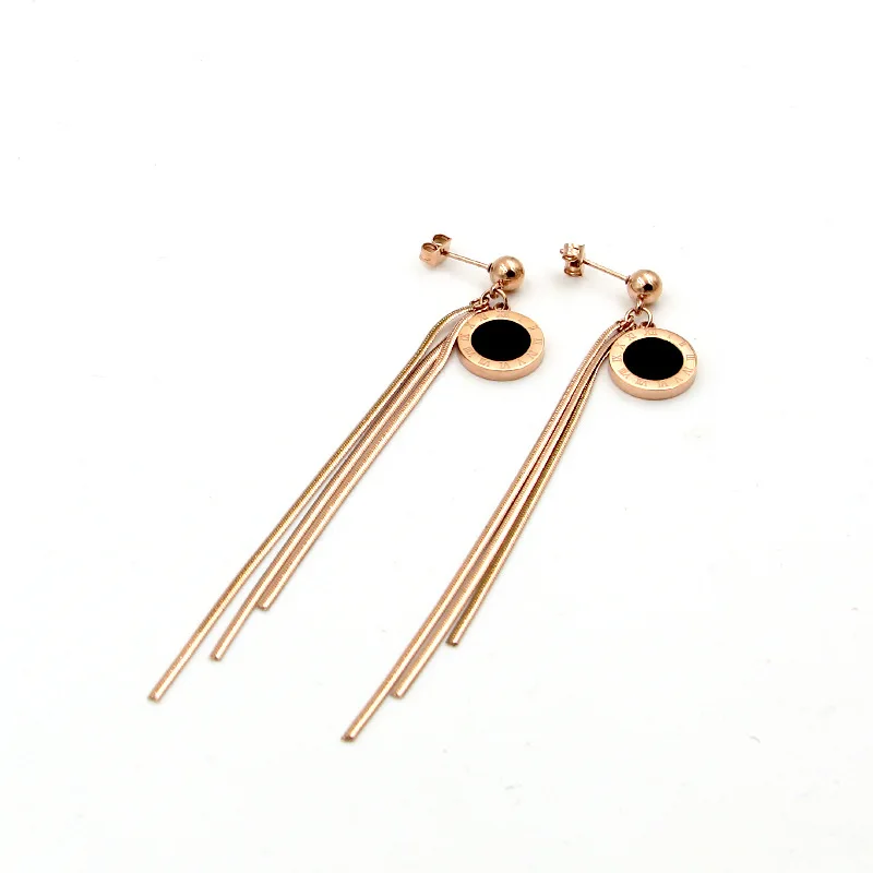 Fashion jewelry steel ball earrings hanging black Roman numeral round cake snake bone chain tassel rose gold women earrings gift