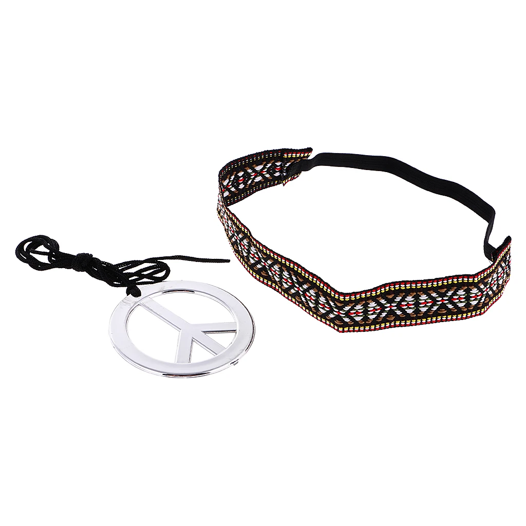 Phenovo Unisex Peace Symbol Pendant Necklace with Headband Set Costume Jewelry Accessories for women and men