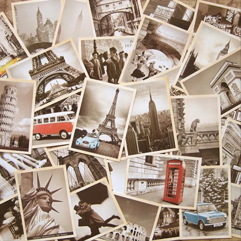 

32pcs/lot Retro Cartoon Post Card Vintage Architecture Poster Classic Movie World War II Theme Postcard Collection Greeting Card