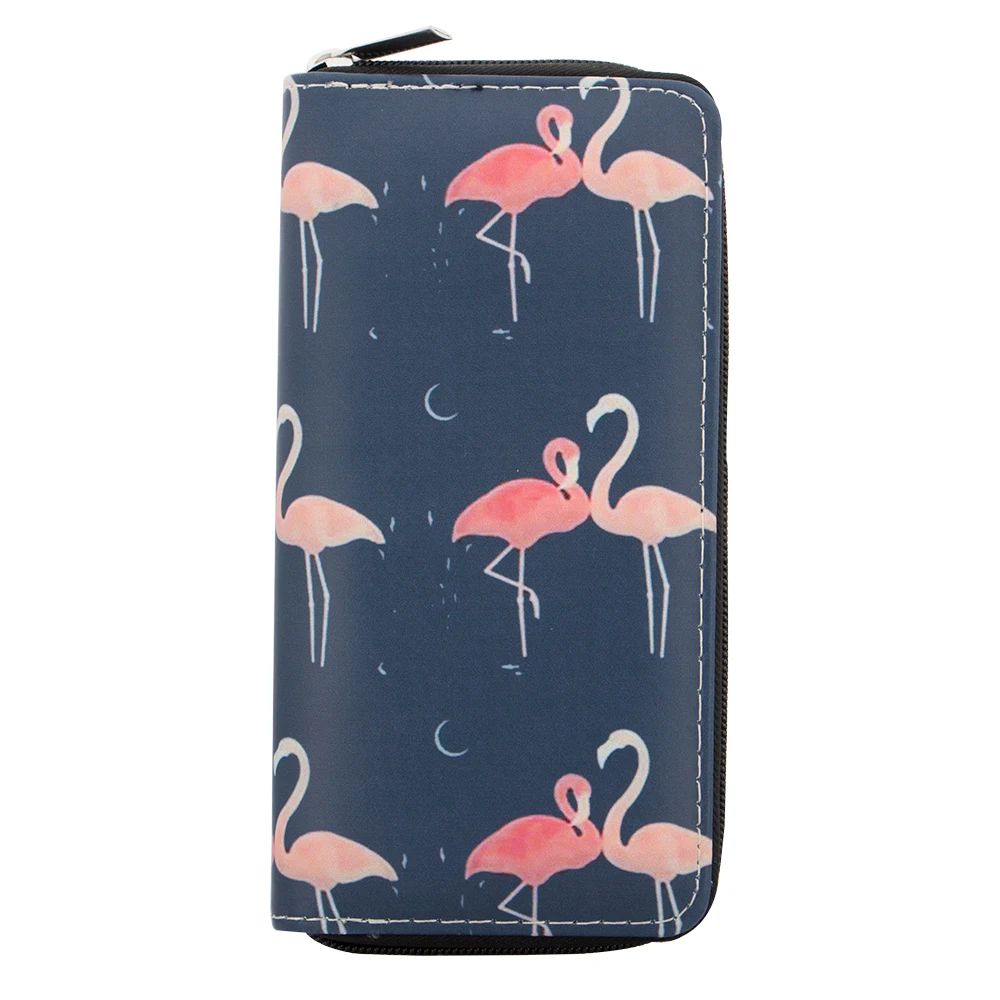 

Sansarya New Fashion 2018 Dark Blue Cartoon Flamingo Print Long Woman Wallet Zipper PU Leather Clutch Female Purse Money Bag
