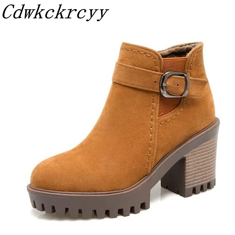 

Women Boots Autumn winter New style Cashmere Keep warm Short boots Belt buckle Waterproof Coarse heel Middle tube boots