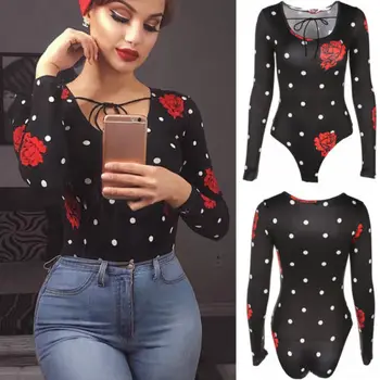 

Women Bodycon Bodysuit Crew Neck Long Sleeve Bandage Jumpsuit BodysuitsLeotard Top Size S-XL