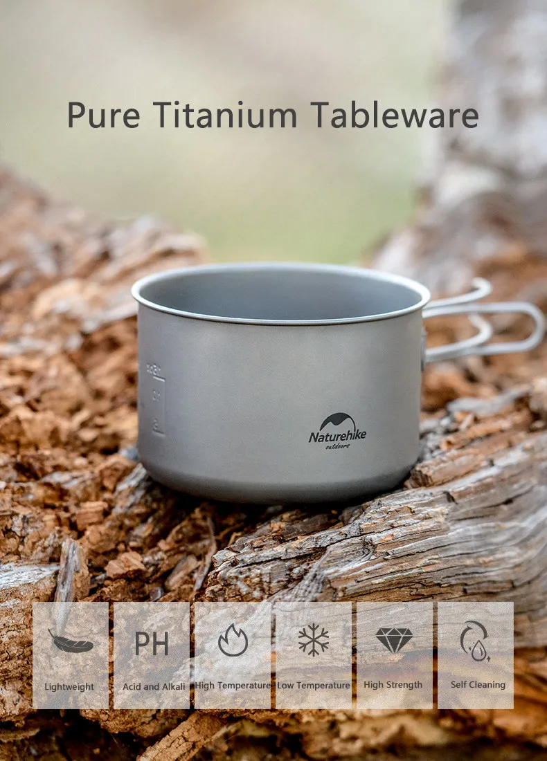 Livre de Acampamento do Piquenique Talheres de Titânio Pote com Alça Luz ao ar Naturehike Alta Qualidade Panelas Pan Caneca Frigideira Dobrável Pot 4 Caneca Talheres de Titânio Frigideira Pote com alça dobrável