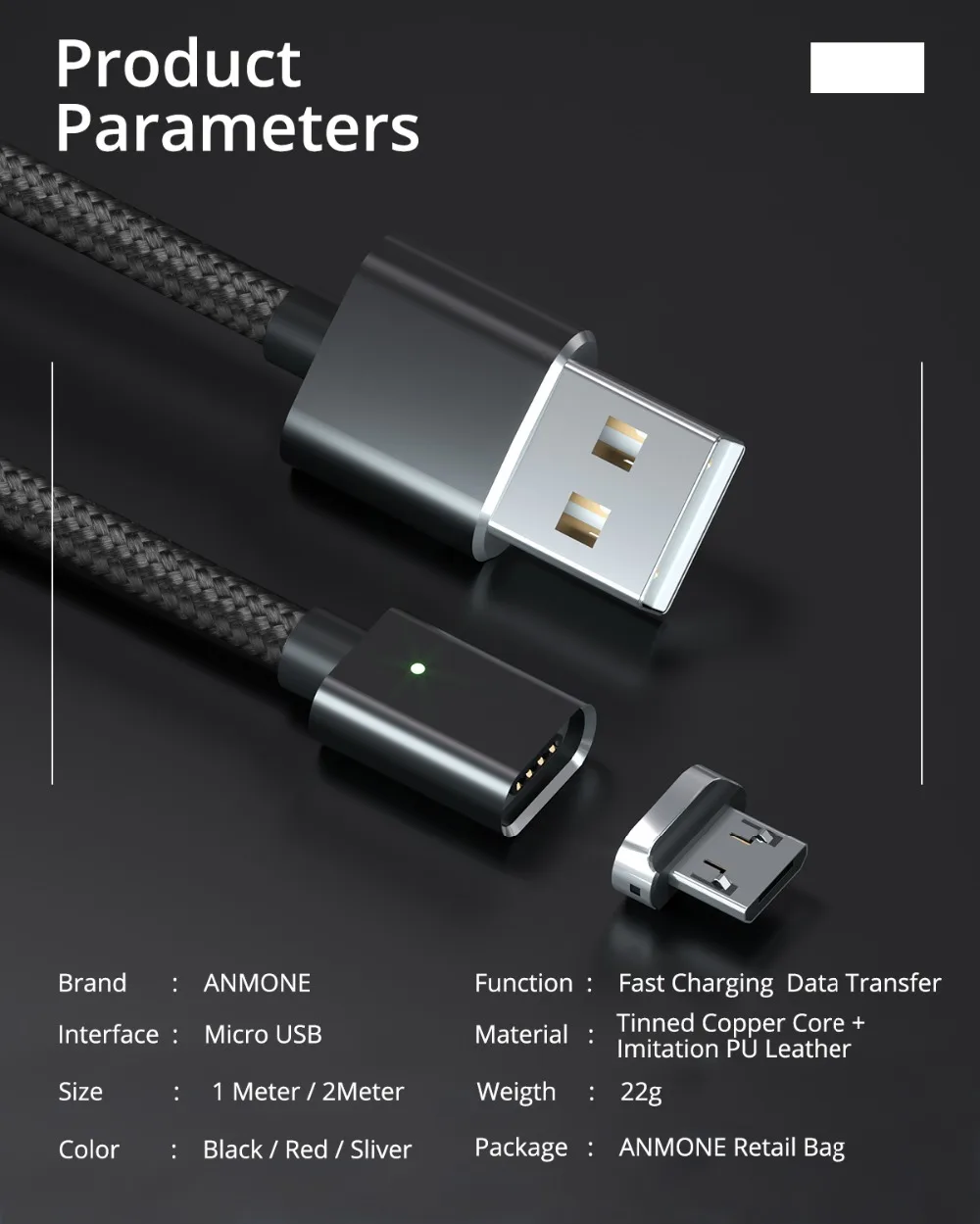 ANMONE Магнитный кабель быстрое зарядное устройство Micro USB кабель 1 м 2 м Android данных шнур Магнит зарядки для мобильного телефона провод для быстрого заряда