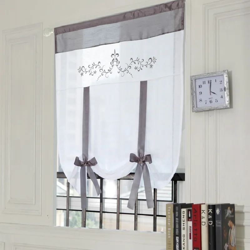 

White Roman Curtain Tulle hot sell Coffee Curtain Kitchen Short Curtain grey Bowknot Small Curtain for Home decoration