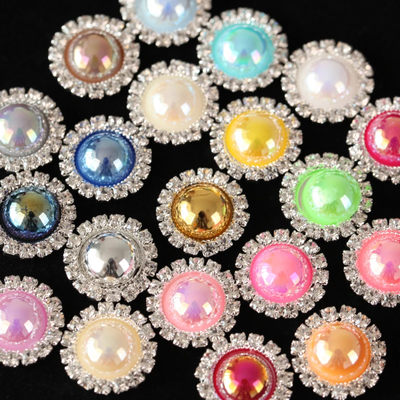 

15mm 20pcs AB Colors Metal Flatback Buttons For Craft Decorative Round Pearl Rhinestone Button For Decoration and DIY Y3678
