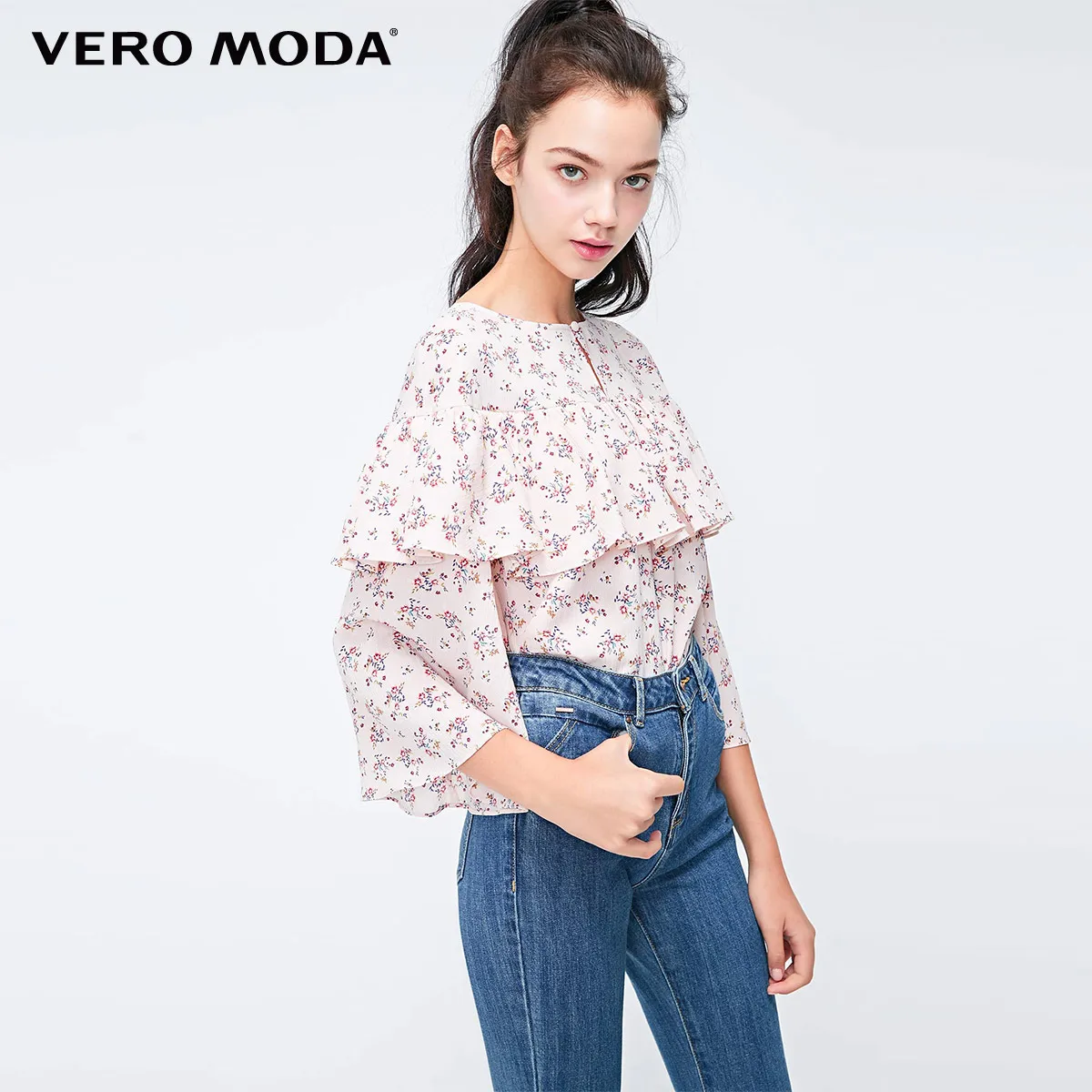 Vero Moda женская национальная печать гофрированные 3/4 рукава шифоновая рубашка блузка | 318358506
